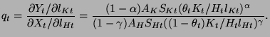 $\displaystyle q_{t}=\frac{\partial Y_{t}/\partial l_{Kt}}{\partial X_{t}/\parti......{\alpha }}{(1-\gamma )A_{H}S_{Ht}((1-\theta _{t})K_{t}/H_{t}l_{Ht})^{\gamma }}.$