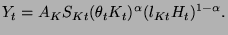 $\displaystyle Y_{t}=A_{K}S_{Kt}(\theta _{t}K_{t})^{\alpha }(l_{Kt}H_{t})^{1-\alpha }.$