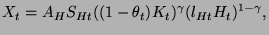 $\displaystyle X_{t}=A_{H}S_{Ht}((1-\theta _{t})K_{t})^{\gamma }(l_{Ht}H_{t})^{1-\gamma },$